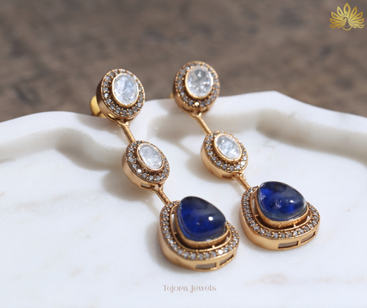 Nalini Royal Blue Moissanite Long Drop Earrings
