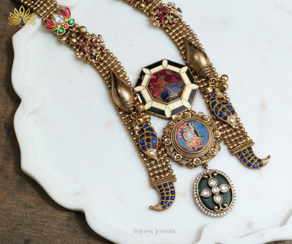 Bhumi Antique Gold Lotus Motifs Long Temple Necklace Set