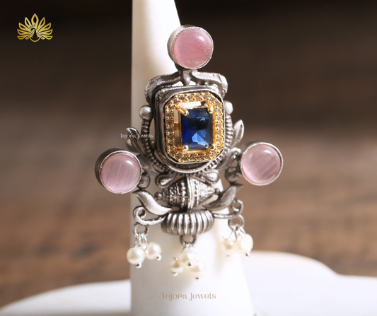 Anvi Oxidized Silver Replica Ring with Blue Sapphire, Pink Monalisa & Pearl Ghungroos