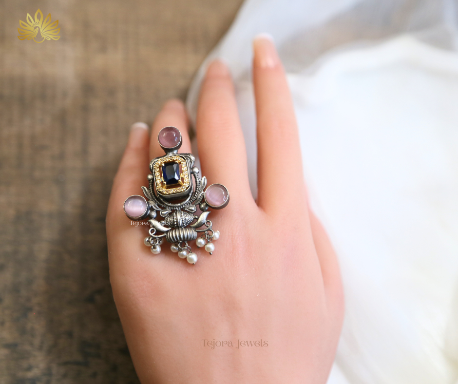 Anvi Oxidized Silver Replica Ring with Blue Sapphire, Pink Monalisa & Pearl Ghungroos