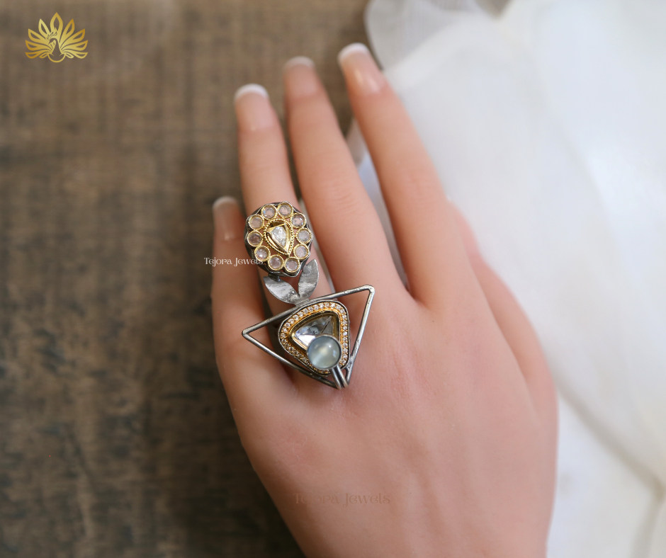 Aarvi Fusion Silver Replica Ring with Kundan, CZ & Blue Monalisa Stone