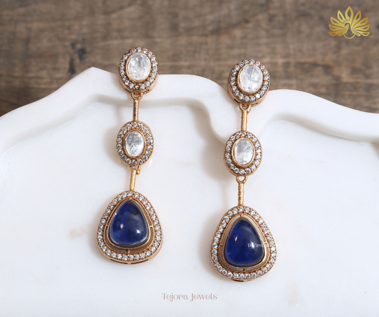 Nalini Royal Blue Moissanite Long Drop Earrings