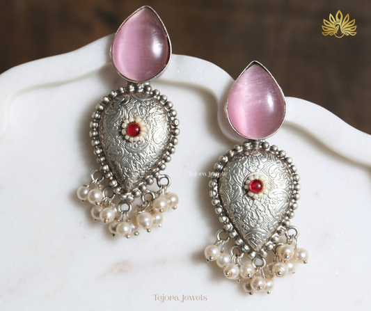 Anvi 92.5 Silver Plated Stone Top Jhumka Style Oxidized Earrings