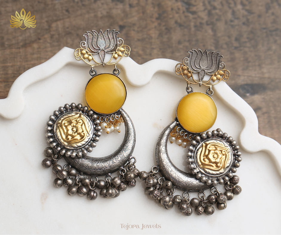 Aadhya Oxidized Silver Earrings | Yellow Stone Silver Replica Jhumkas with Ghungroos