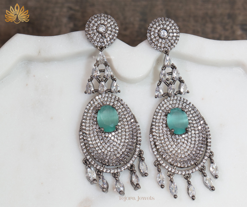 Audrey Black Rhodium Dreamcatcher CZ Drop Earrings - Green