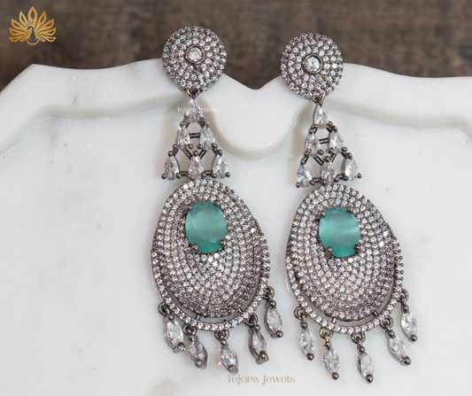 Audrey Black Rhodium Dreamcatcher CZ Drop Earrings - Green