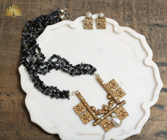 Avisha Black Onyx Multi-Strand Beads with Temple Pendant Necklace Set