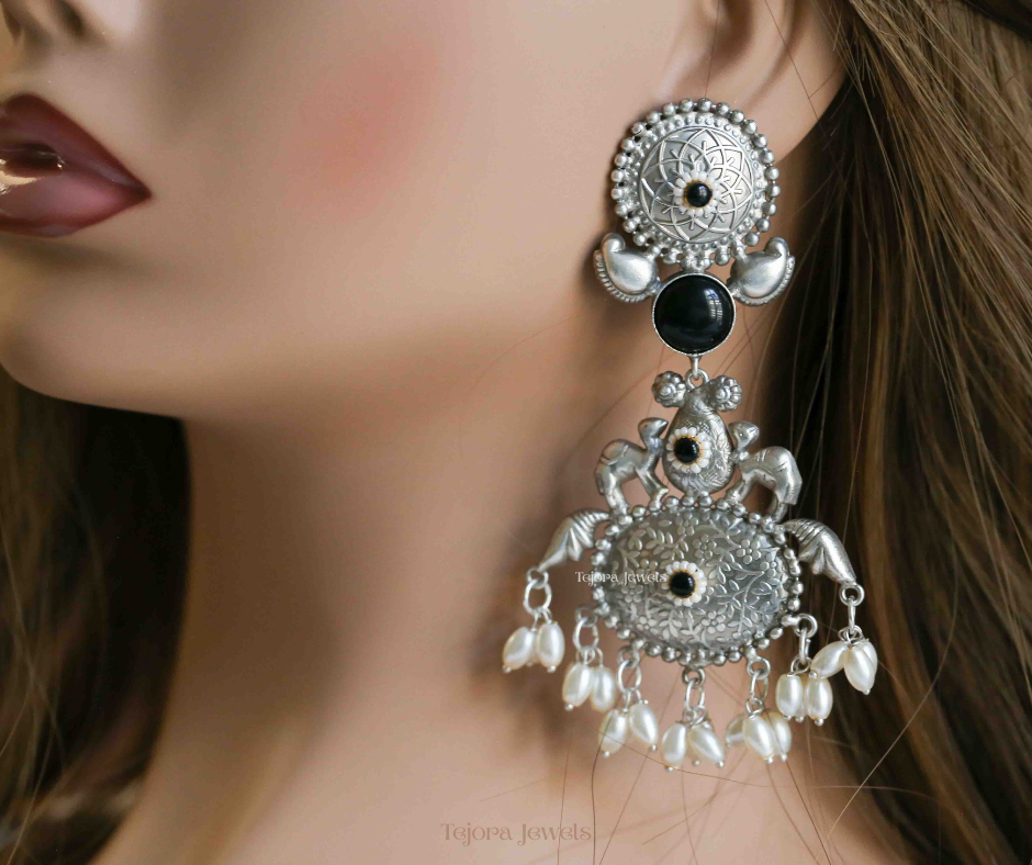 Anika 92.5 Silver Plated Oxidized Earrings | Statement Indian Jhumkas with Black stone and Pearls