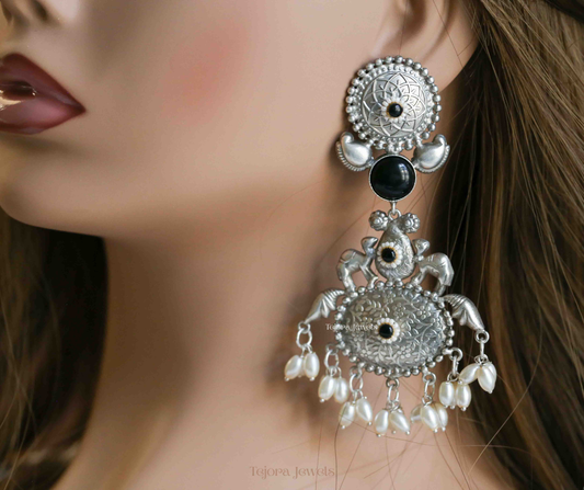 Anika 92.5 Silver Plated Oxidized Earrings | Statement Indian Jhumkas with Black stone and Pearls