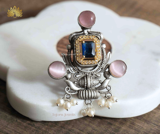 Anvi Oxidized Silver Replica Ring with Blue Sapphire, Pink Monalisa & Pearl Ghungroos