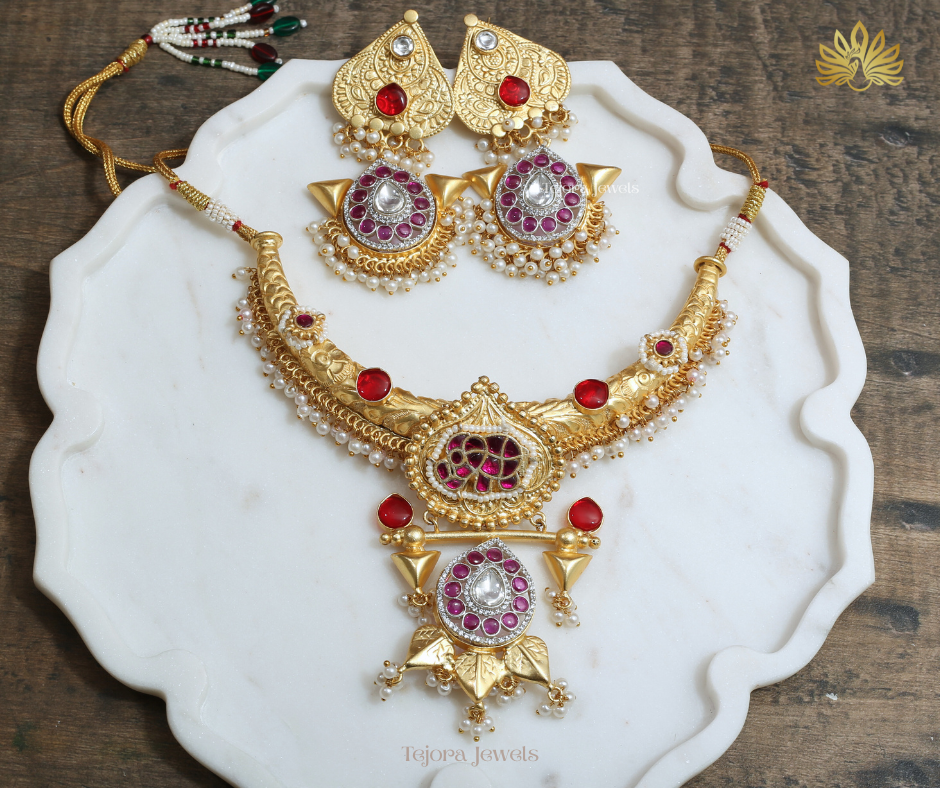 Amrita Matt Gold Fusion Hasli Set with Pachi Kundan & Pearl Ghungroos