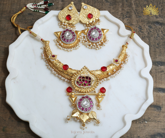 Amrita Matt Gold Fusion Hasli Set with Pachi Kundan & Pearl Ghungroos