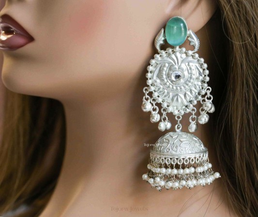 Adhira 92.5 Silver Plated Oxidized Earrings | Statement Indian Jhumkas with teal stone and Pearls