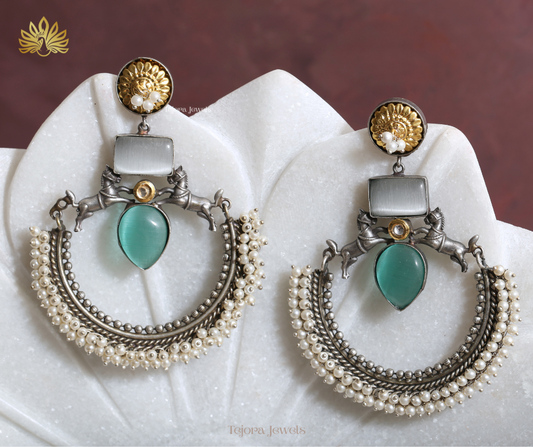 Akshara Oxidized Silver Earrings | Silver Replica Chandbali with Monalisa Stones and Pearls