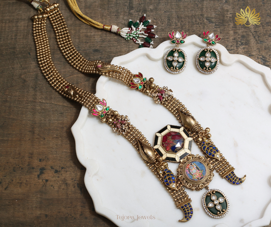 Bhumi Antique Gold Lotus Motifs Long Temple Necklace Set