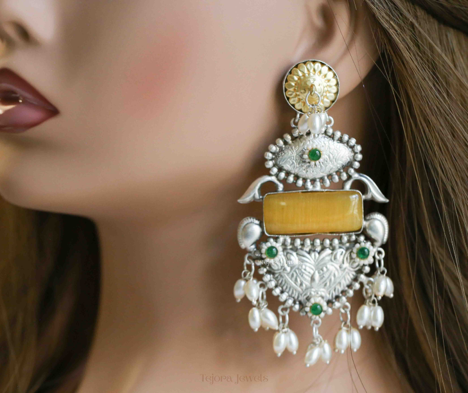 Aaradhya 92.5 Silver Plated Oxidized Earrings | Statement Indian Jhumkas with Rectangular stone and Pearls