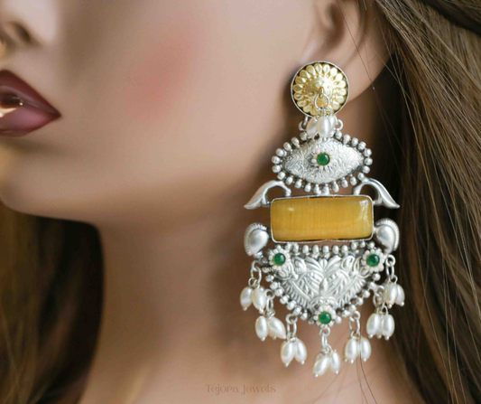 Aaradhya 92.5 Silver Plated Oxidized Earrings | Statement Indian Jhumkas with Rectangular stone and Pearls