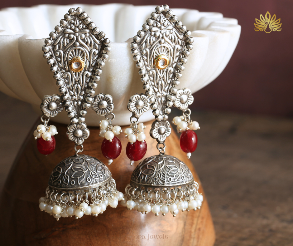 Advika Oxidized Silver Jhumkas | Silver Replica Jhumkas with Pearl Beads in Antique Polish