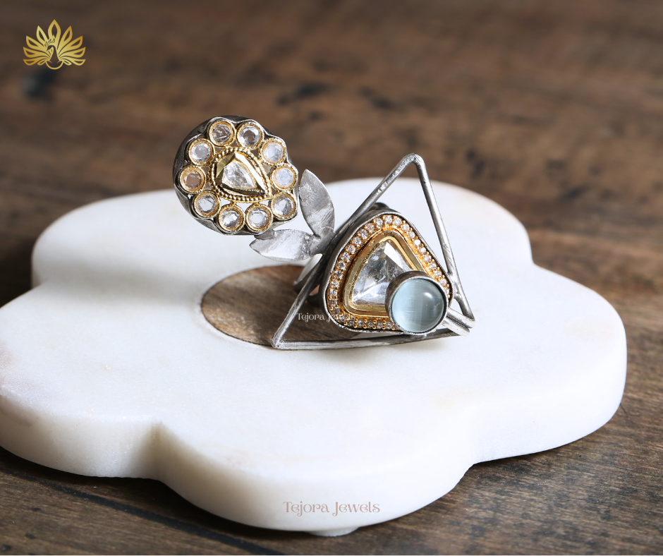 Aarvi Fusion Silver Replica Ring with Kundan, CZ & Blue Monalisa Stone