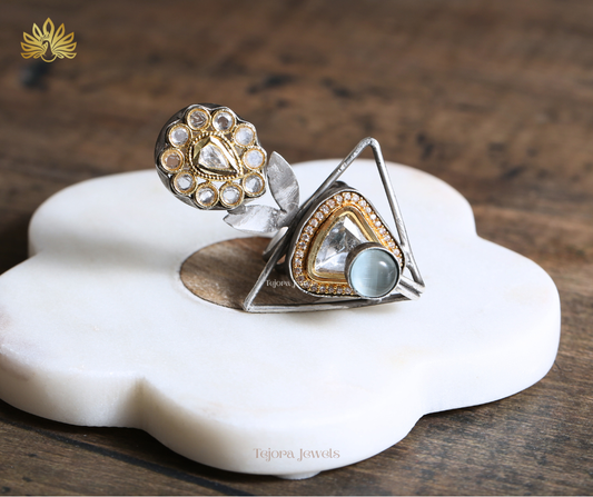 Aarvi Fusion Silver Replica Ring with Kundan, CZ & Blue Monalisa Stone