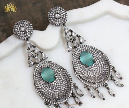 Audrey Black Rhodium Dreamcatcher CZ Drop Earrings - Green