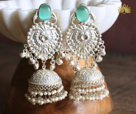 Adhira 92.5 Silver Plated Oxidized Earrings | Statement Indian Jhumkas with teal stone and Pearls