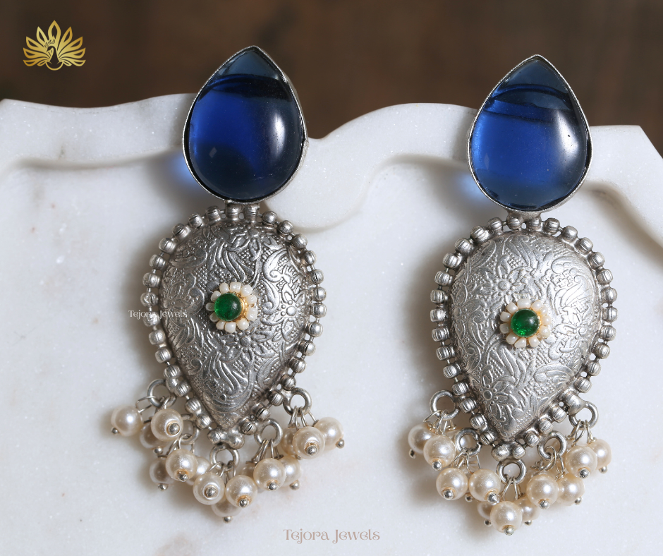 Anvi 92.5 Silver Plated Stone Top Jhumka Style Oxidized Earrings