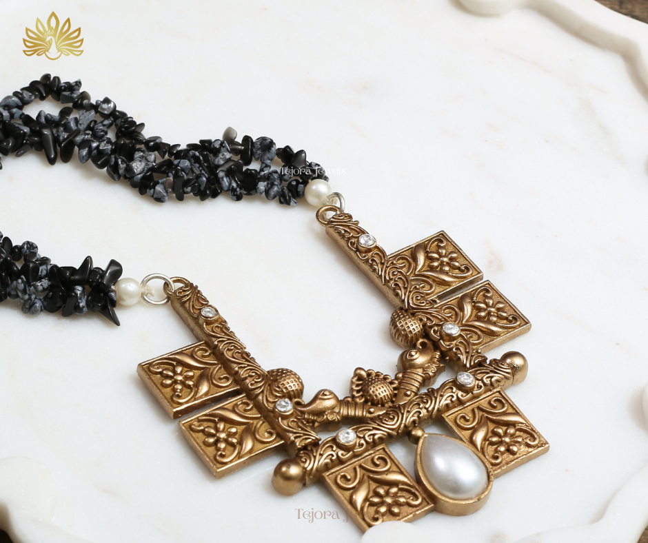 Avisha Black Onyx Multi-Strand Beads with Temple Pendant Necklace Set