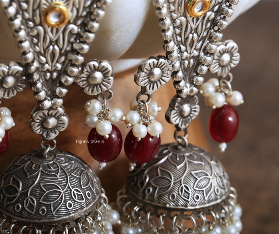 Advika Oxidized Silver Jhumkas | Silver Replica Jhumkas with Pearl Beads in Antique Polish