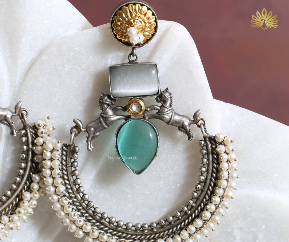 Akshara Oxidized Silver Earrings | Silver Replica Chandbali with Monalisa Stones and Pearls