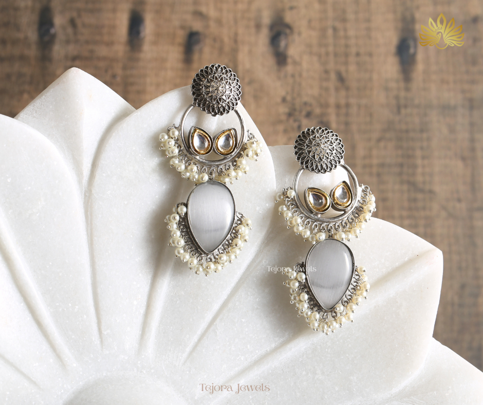 Arya Oxidized Silver Jhumkas Earrings with Teardrop Stone and Pearl Clusters