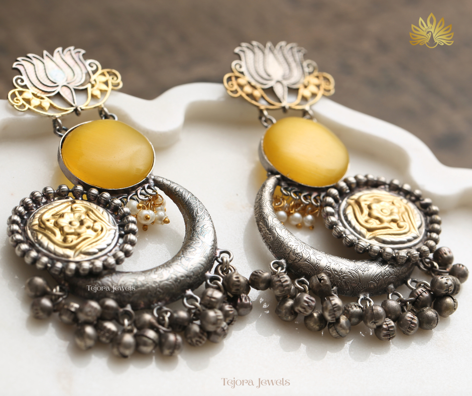 Aadhya Oxidized Silver Earrings | Yellow Stone Silver Replica Jhumkas with Ghungroos