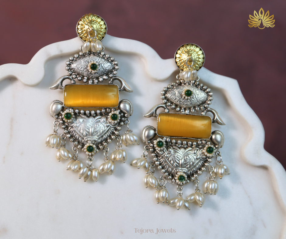 Aaradhya 92.5 Silver Plated Oxidized Earrings | Statement Indian Jhumkas with Rectangular stone and Pearls