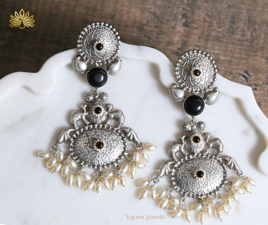Anika 92.5 Silver Plated Oxidized Earrings | Statement Indian Jhumkas with Black stone and Pearls
