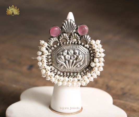 Aarushi Pink Monalisa Stone & Pearls Silver Replica Ring