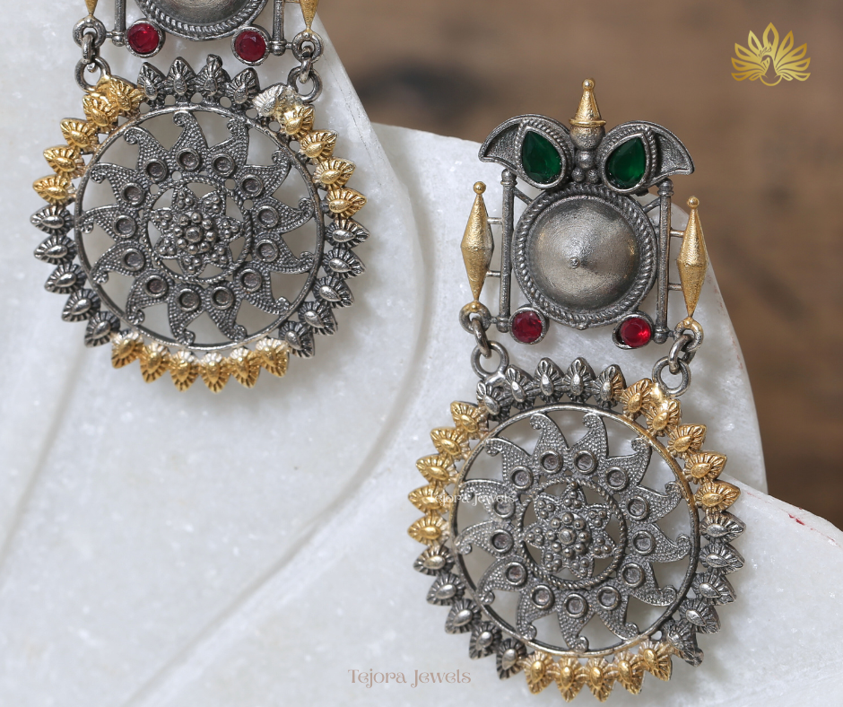 Anaya Boho Indian Oxidized Silver Earrings | Large Mandala Jhumka with Gold Accents, Green & Red Gemstones