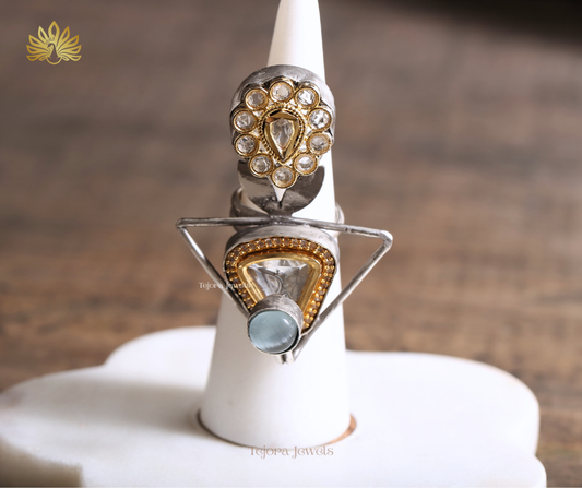Aarvi Fusion Silver Replica Ring with Kundan, CZ & Blue Monalisa Stone