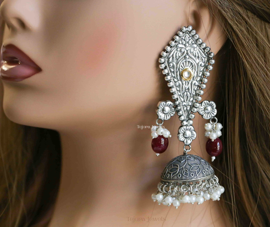 Advika Oxidized Silver Jhumkas | Silver Replica Jhumkas with Pearl Beads in Antique Polish
