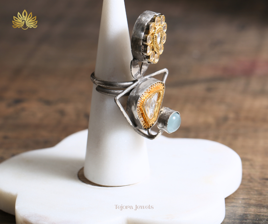 Aarvi Fusion Silver Replica Ring with Kundan, CZ & Blue Monalisa Stone