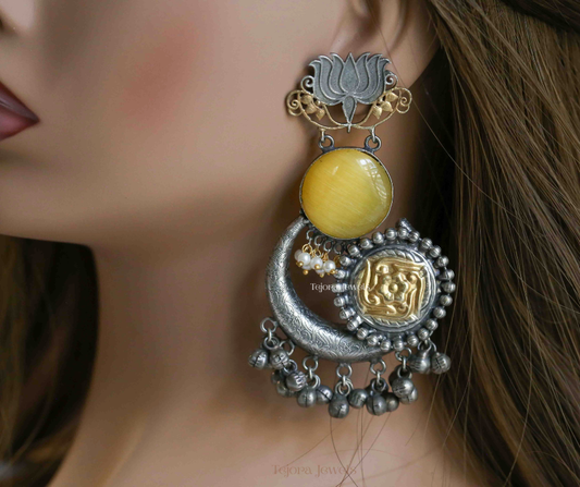 Aadhya Oxidized Silver Earrings | Yellow Stone Silver Replica Jhumkas with Ghungroos