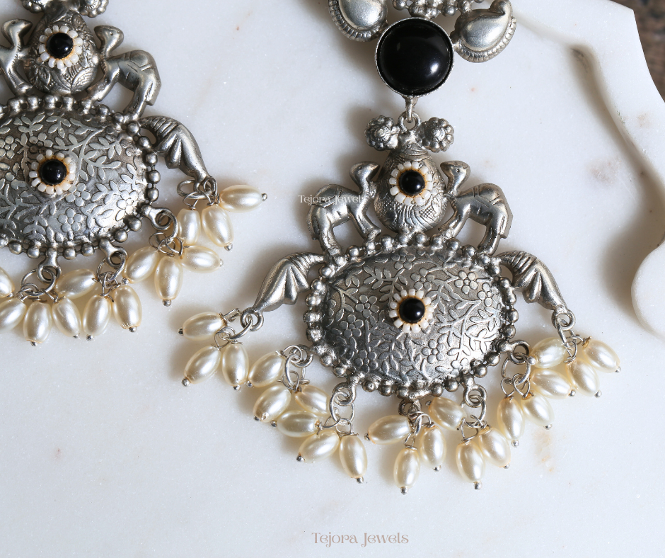 Anika 92.5 Silver Plated Oxidized Earrings | Statement Indian Jhumkas with Black stone and Pearls