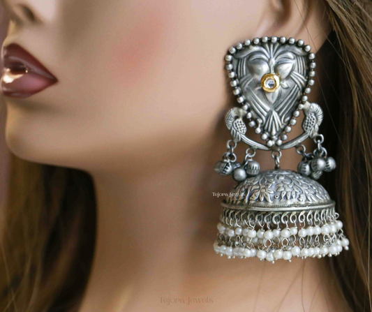 Bhavya Oxidized Silver Jhumkas | Silver Replica Jhumkas with Pearl Beads in Antique Polish