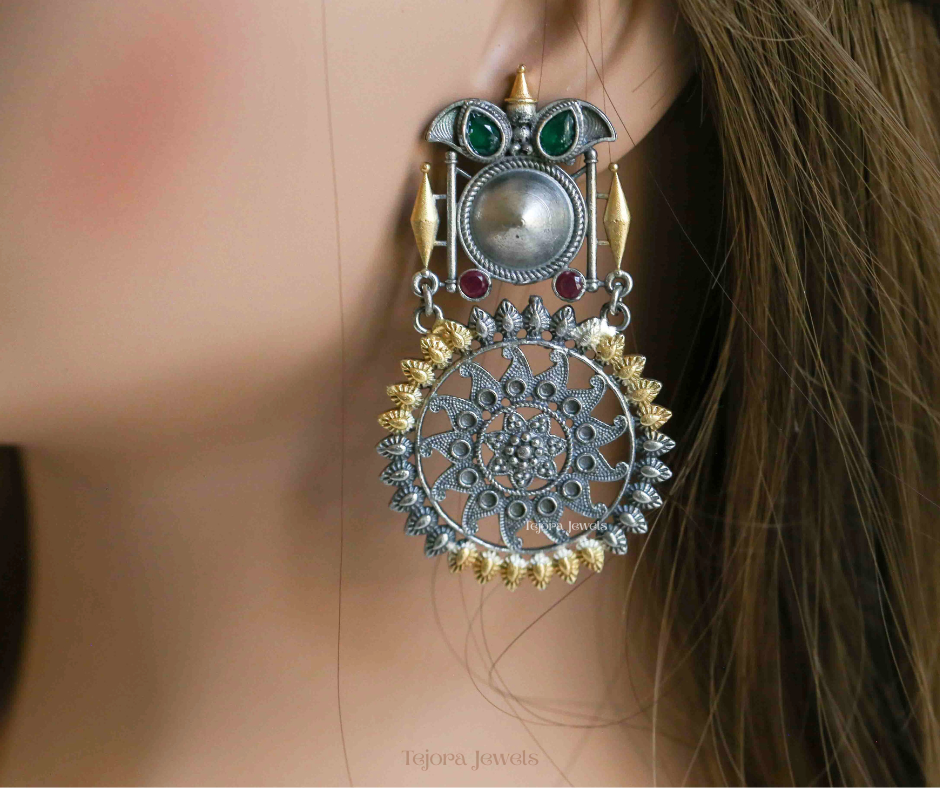 Anaya Boho Indian Oxidized Silver Earrings | Large Mandala Jhumka with Gold Accents, Green & Red Gemstones