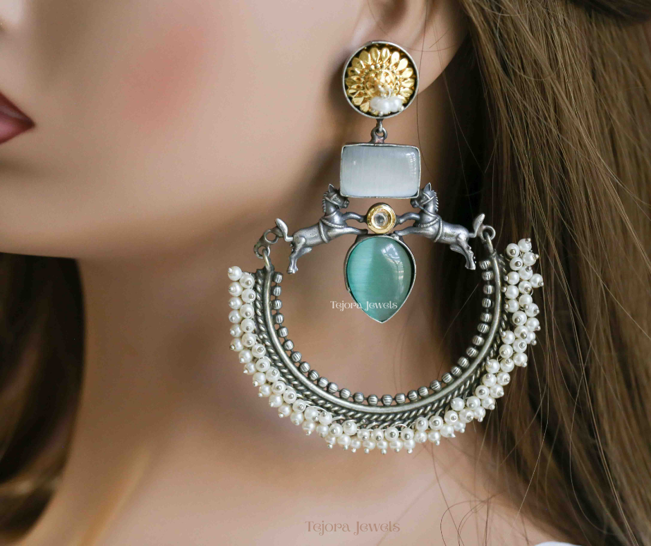 Akshara Oxidized Silver Earrings | Silver Replica Chandbali with Monalisa Stones and Pearls