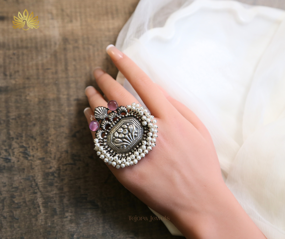 Aarushi Pink Monalisa Stone & Pearls Silver Replica Ring