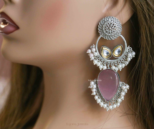 Arya Oxidized Silver Jhumkas Earrings with Teardrop Stone and Pearl Clusters