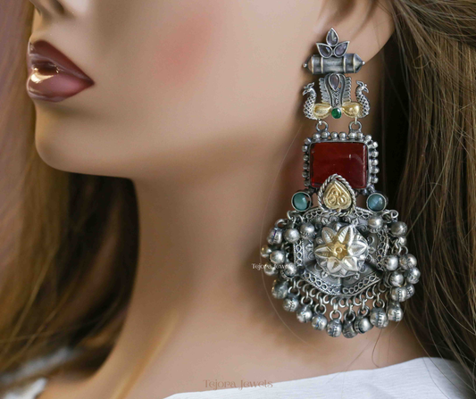 Avani Large Oxidized Silver Tribal Jhumkas with Red Stone & Ghungroos | Ethnic Indian Fusion Statement Jewelry