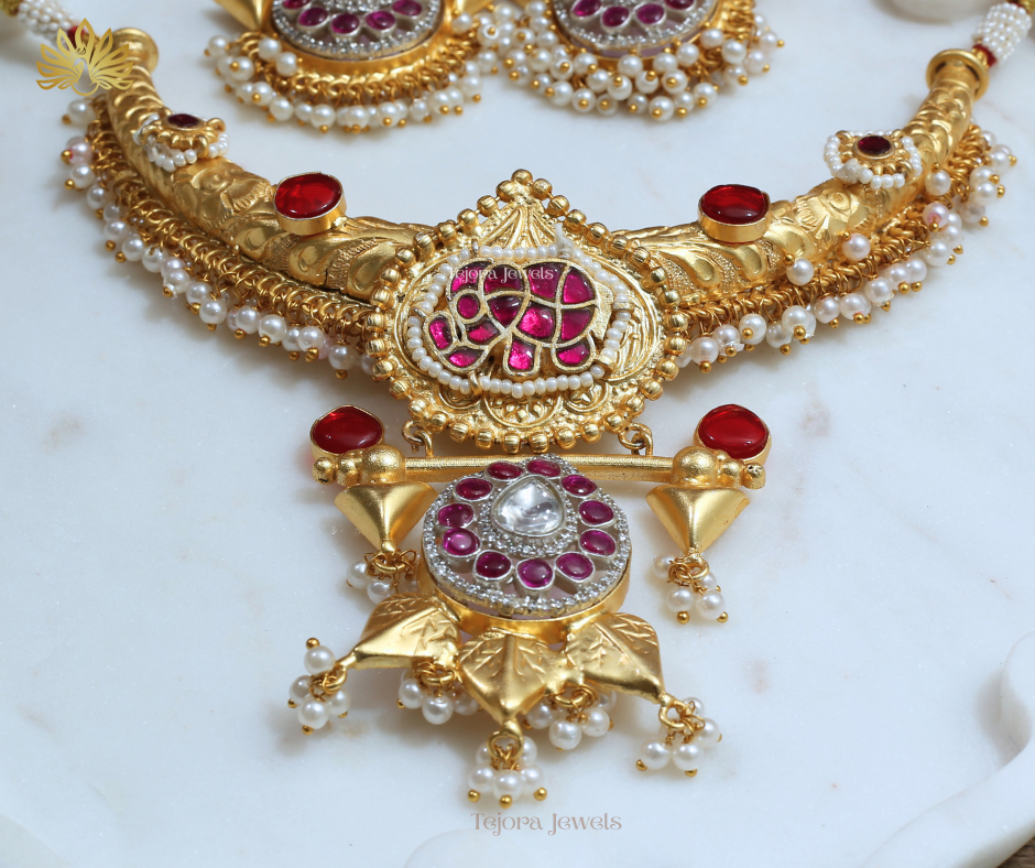 Amrita Matt Gold Fusion Hasli Set with Pachi Kundan & Pearl Ghungroos