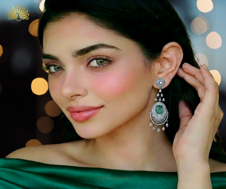 Audrey Black Rhodium Dreamcatcher CZ Drop Earrings - Green