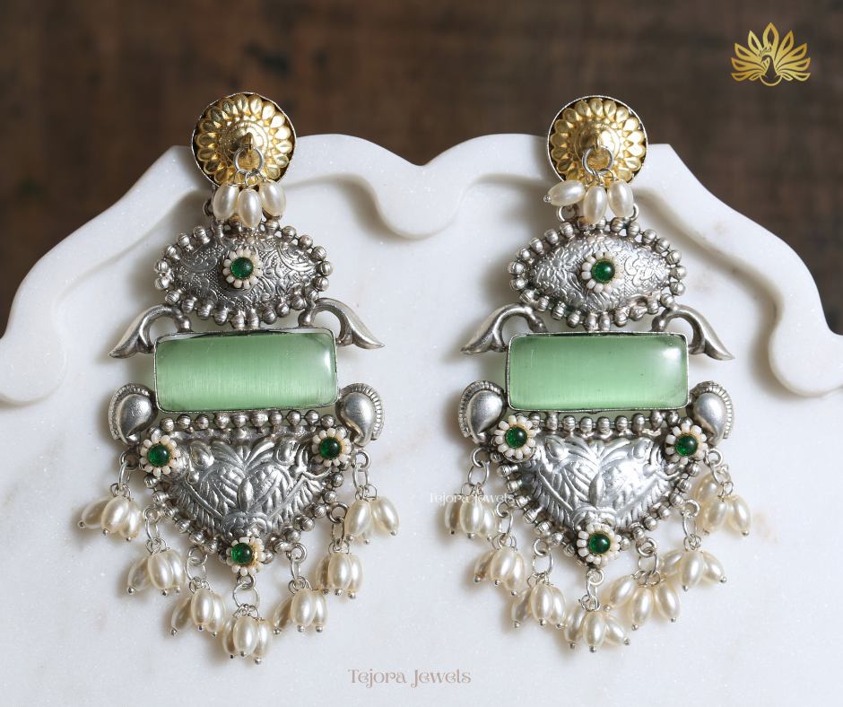 Aaradhya 92.5 Silver Plated Oxidized Earrings | Statement Indian Jhumkas with Rectangular stone and Pearls